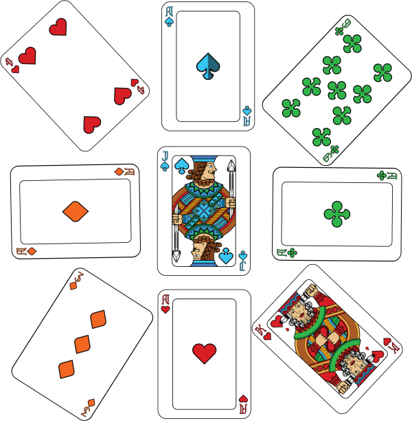 Kuvassa yhdeksän pelikorttia aseteltuna siten, että yksi kortti on keskellä ja sitä ympäröi eri suuntiin eri kortit, ässät ylhäällä ja sivuilla.
